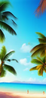 Scenic tropical beach with palms under a clear blue sky.