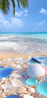 Tropical beach with blue ocean and seashells in the sand.