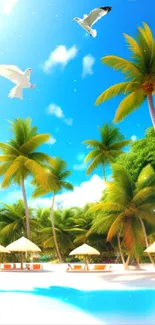 Tropical beach with palm trees and blue sky wallpaper.