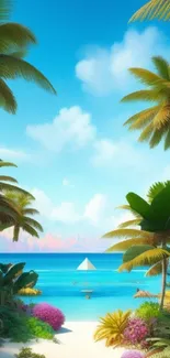 Tropical beach with palms and sailboat under sunny sky.