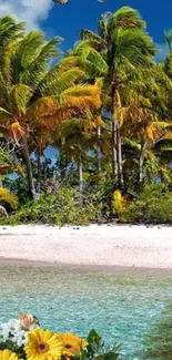 Tropical beach with palms and blue sky.