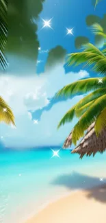 Tropical beach with palm trees and blue sky wallpaper.