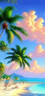 Tropical beach wallpaper with palm trees and vibrant sunset.