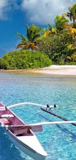 Tropical beach wallpaper with clear water and lush palms.