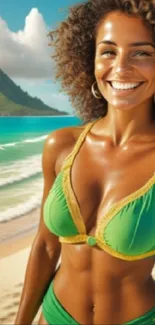 Woman smiling on tropical beach with ocean and palm trees.