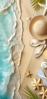 Beach wallpaper with waves, hat, and shells.