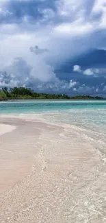 Tropical beach wallpaper with ocean and blue sky.