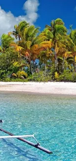 Tropical beach wallpaper with palm trees and turquoise water under blue sky.