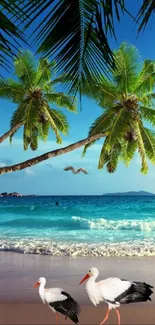 Tropical beach with palm trees and ocean in serene scene.