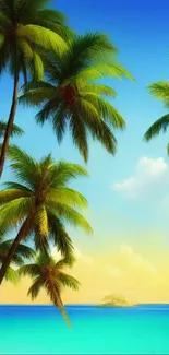 Tropical beach wallpaper with palm trees and blue sky.