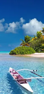 Tropical beach with palm trees and clear blue water under a bright sky.