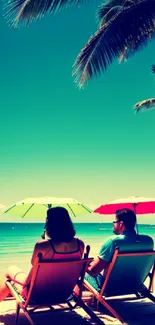 Tropical beach scene with palm trees and colorful umbrellas by the ocean.