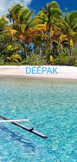 Tropical beach with palm trees and blue ocean.