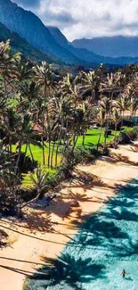 Vibrant tropical beach with palm trees and turquoise ocean waves.