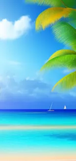 Tropical beach wallpaper with palm trees, azure ocean and clear blue sky.