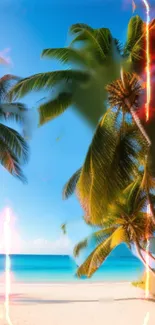 Tropical beach with palm trees and ocean waves under a blue sky.