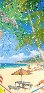 Tropical beach wallpaper with palm trees and beachgoers enjoying the sun.