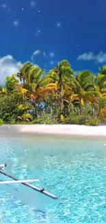 Tropical beach with turquoise waters and palm trees under a blue sky.