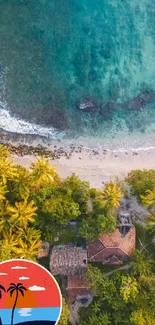 Aerial view of a tropical beach with turquoise waters and lush green vegetation.