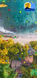 Aerial view of a tropical beach with confetti accents.