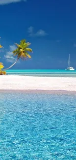 Tropical beach with azure ocean, palm trees, and a sailboat.