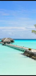 Tropical paradise beach with turquoise ocean and clear blue sky.