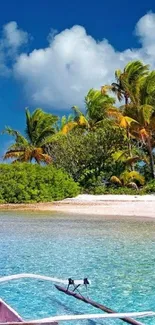 Tropical beach with palm trees and blue sky wallpaper.