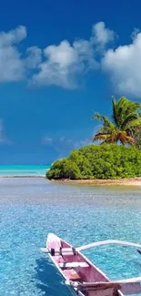 Tropical beach with clear water and palm trees on a sunny day.