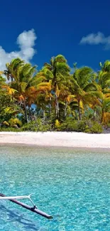 Tropical beach scene with palm trees and clear blue ocean water.