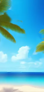 Tropical beach wallpaper with palm leaves and azure sky.