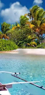 Tropical beach scene with palms and a boat on clear water.