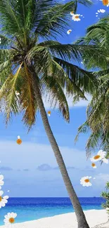 Tropical beach wallpaper with palms and daisies on a sunny day.