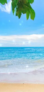 Tropical beach wallpaper with blue sky, ocean waves, and green leaves.