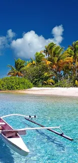 Tropical beach scene with boat, clear water, and palm trees under blue sky.