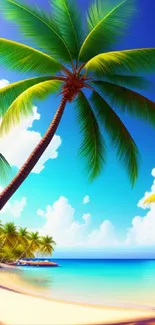 Tropical beach with palm trees and blue ocean under a bright sky.