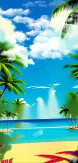 Tropical paradise wallpaper with palm trees and ocean view.