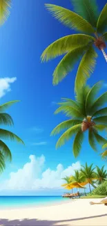 Tropical paradise beach with palm trees and blue sky wallpaper.