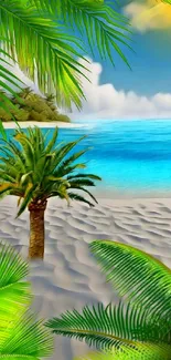 Tropical beach wallpaper with azure water, palm trees, and clear blue sky.