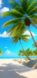 Tropical beach with palm trees under a vibrant blue sky.