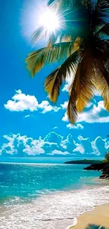 Beach landscape with palm trees under a bright sun and blue sky.