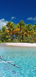 Tropical beach with palm trees and clear water under a blue sky.