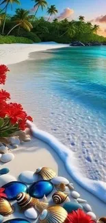 Stunning tropical beach with vibrant flowers and ocean view.