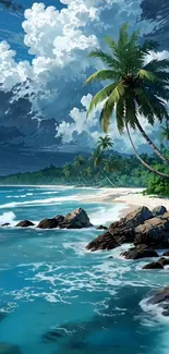Tropical beach with palm trees and rocky shore under a cloudy sky.