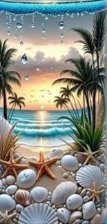 Tropical beach sunset with palm trees and seashells.