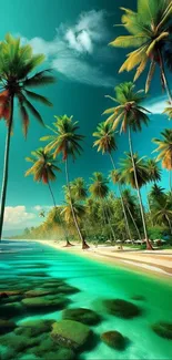 Tropical beach with palm trees and blue waters, perfect mobile wallpaper.