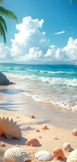 Tropical beach with seashells and palm trees under a blue sky.