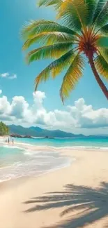 A sunny tropical beach with palm trees and blue ocean.