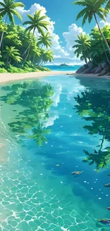 Stunning tropical beach with palm trees and turquoise waters in a mobile wallpaper.