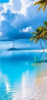 Tropical beach with palm trees and blue ocean under a cloudy sky.