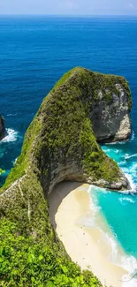 Stunning tropical beach with azure water and lush greenery cliffs.